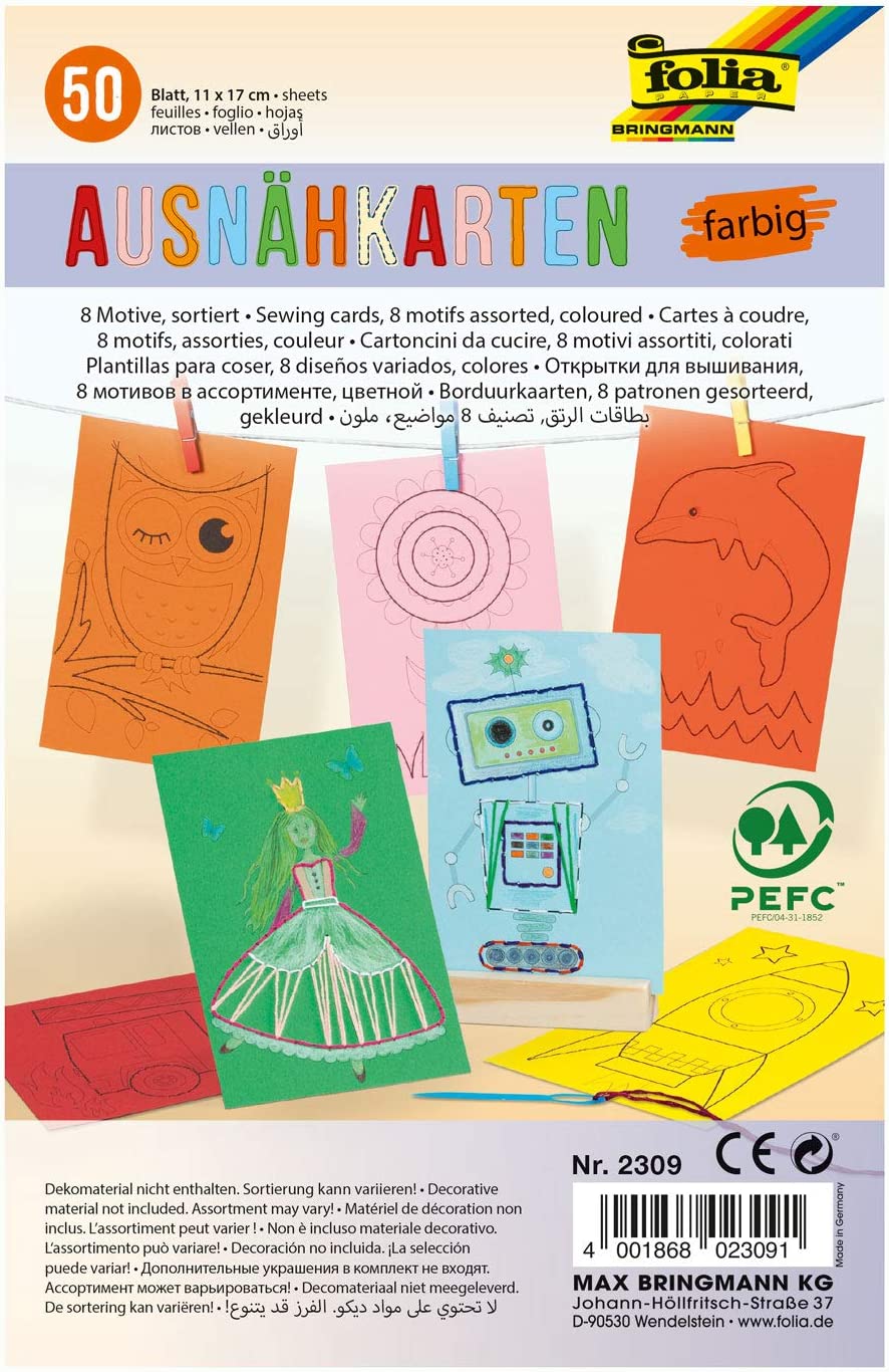 folia 2309 Sewing Cards Assorted Colours with 8 Designs Printed on One Side, 50 Sheets, Approx. 11 x 17 cm
