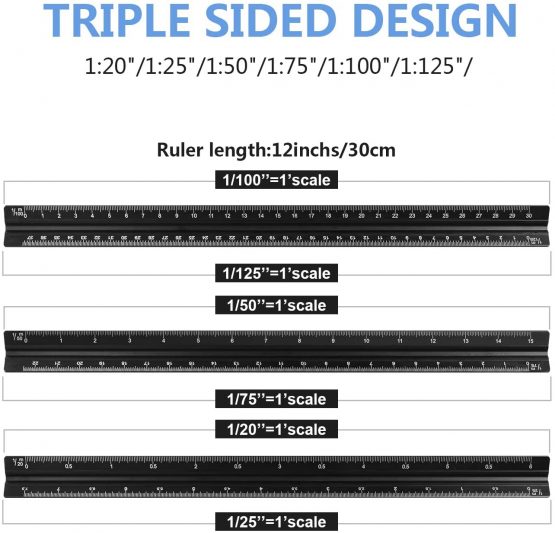 Metal Scale Ruler, 30cm Triangular Scale Rulers for Architects Engineers, Metric Ruler for 1:20, 1:25, 1:50, 1:75, 1:100, 1:125 - Image 2