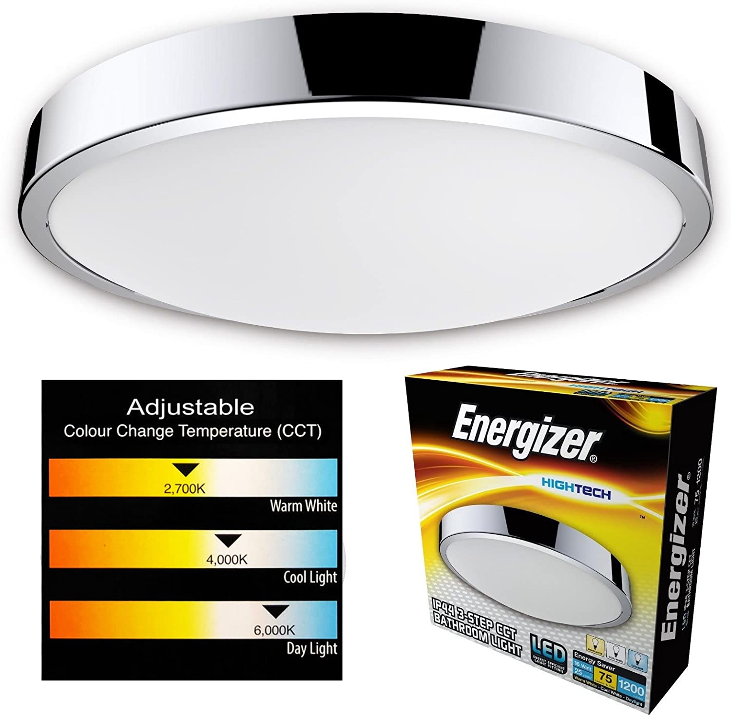 Energizer LED bathroom ceiling light CCT Waterproof IP44 Colour temperature changing light