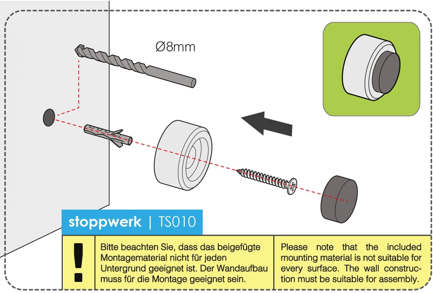 Stoppwerk Door Stop Wall Mounted, Stainless Steel Door Stoppers with Rubber Buffer, Small - Image 4