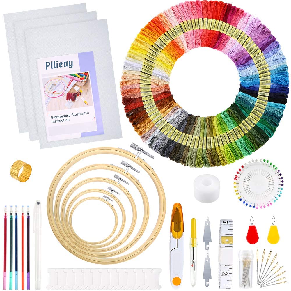 Pllieay Full Range of Embroidery Starter Kit with Instructions, 5 Pieces Bamboo Embroidery Hoops, 100 Colors Threads
