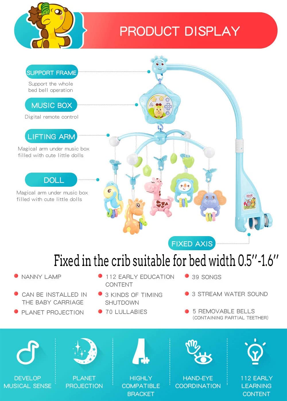 Baby cot Mobile with Lights and Music, Baby mobiles for cots with Remote and Toy to Pack and