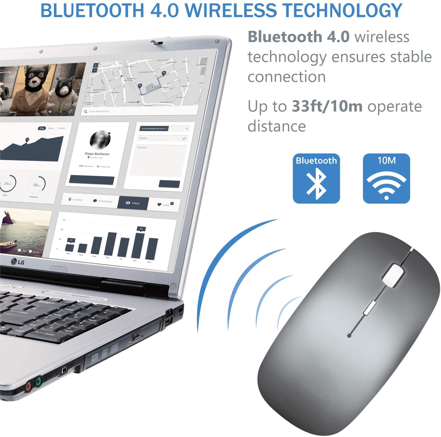 Tsmine Bluetooth Mouse for Laptop Wireless Computer Mouse with Silent Buttons, 1600DPI Adjustable - Image 3