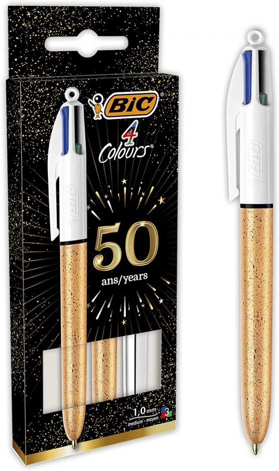 BIC 4 Colours Ball Pens Medium Point (1.0 mm) - Assorted Barrel Colours (Gold Frozen Textured and Silver), Pack of 3, 992580