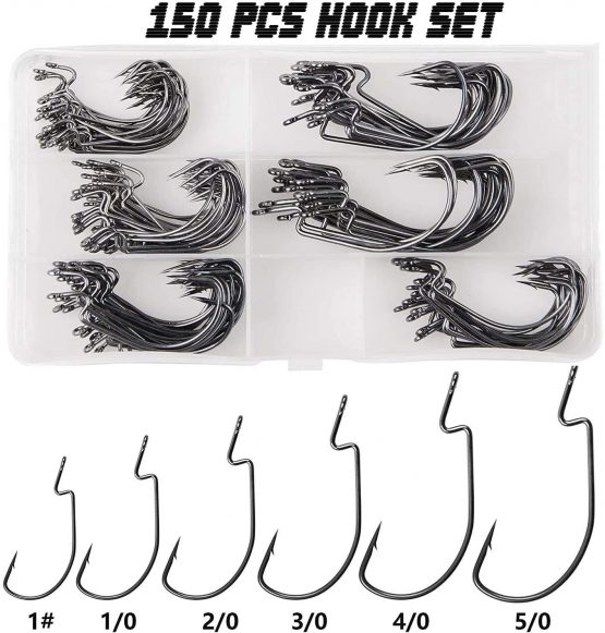 Bass Fishing Worm Hooks Set, 150pcs 3X Strong Offset Bass Hooks for Plastic Worms High Carbon Steel Wide Gap Worm Bait Jig Hooks for Bass Trout