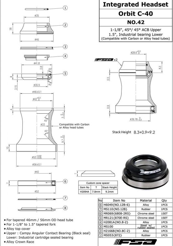 FSA ORBIT C-40 Integrated 1-1/8Inches to 1.5Inches ID 42/52 mm Tapered Headset, Red , XTE1512 - Image 4