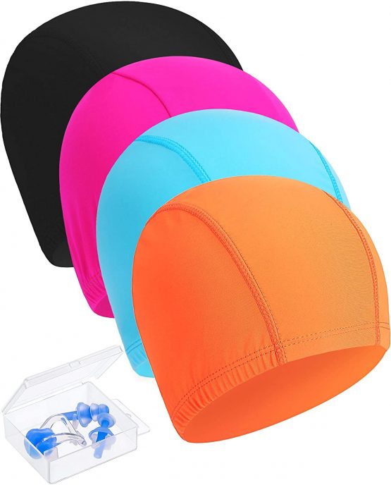 Hestya 4 Pieces Swim Caps, Lightweight Swimming Caps Suitable for Kids, Women, Men While Swimming, Come with Nose Clip and Ear Plugs