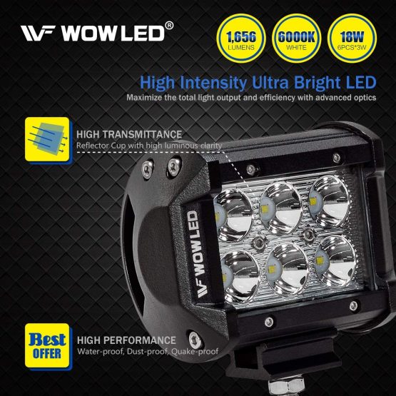WOWLED 4 Inch 2 Pack 18W LED Lights LED Work Light Bar Spot Lamp Offroad 4WD SUV ATV Truck Boat Bar Lamp, IP67 Driving spotlight Spot Beam Light Lamp for Car Fog Spot Light 12V 24V DC - Image 2