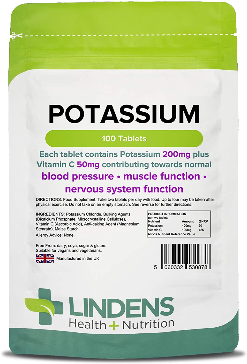 Lindens, Potassium 200mg Tablets with 50mg Vitamin C, 100 Tablets, UK Made, Contributes to Normal Blood Pressure