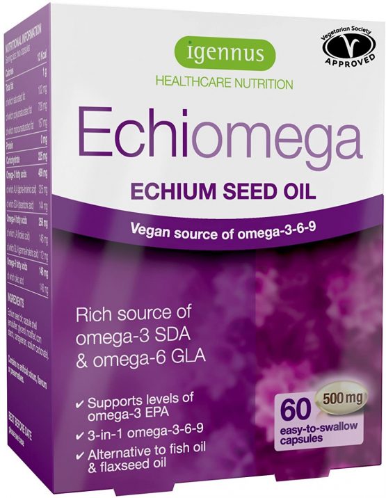 Echiomega vegetarian & vegan omega-3-6-9 capsules, echium seed oil plant-based omega-3, 60 capsules