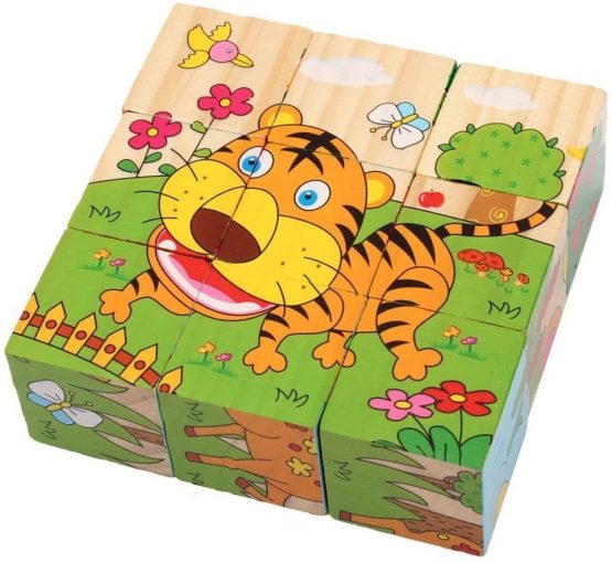 PROW® 6 in 1 Wooden Cube Puzzles Jigsaw 9 Pcs Hedgehog Elephant Tiger Deer Monkey Zebra Learning Animal Safe and Non-toxic Toy Building Blocks for Kids