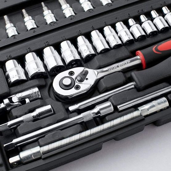 46 Piece 1/4” Socket Wrench Set Metric Tool Kit with Wrench Handle, Extension Bars, Flexible Extension Rods,Bits, Quick Release Reversible Ratchet, Drive Spanner Socket Set for Car Motorcycle Repair - Image 3