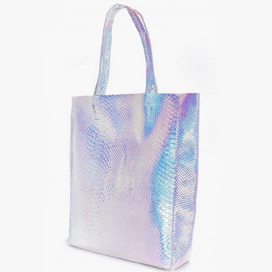 AiSi Womens Holographic Tote Bag PU Shoulder Shopping Handbag，Silver - Image 4