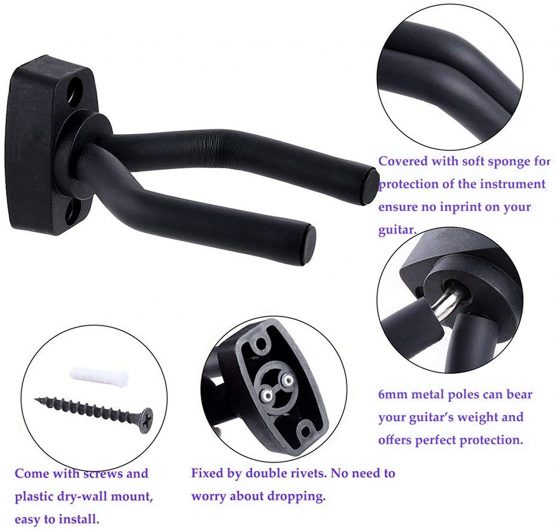 CAIHONG Guitar Wall Mount Hanger 2 Pack, Guitar Hanger Wall Hook Bracket Holder Stand Black Display with Screws - Easy To Install - Fits All Size Guitars, Bass, Mandolin, Banjo, Ukulele - Image 2