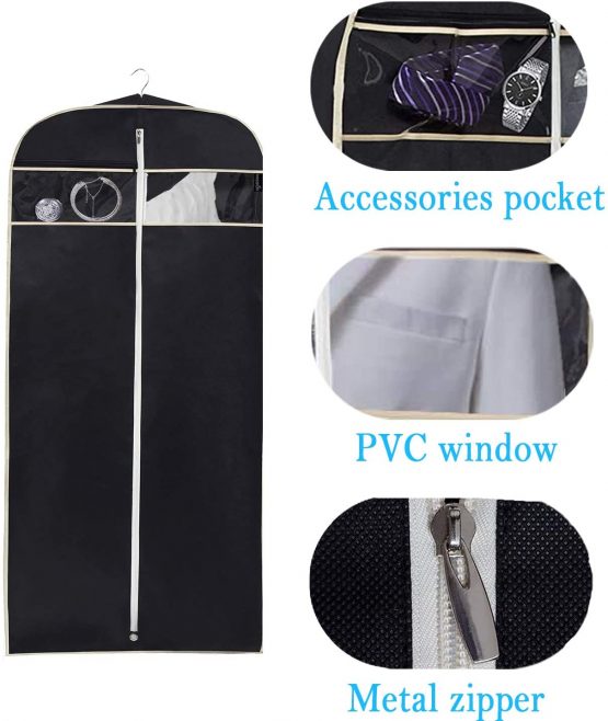 MISSLO 43" Suit Bag Suit Covers for Men Garment Covers for Clothes with Accessories Zipper Pocket Breathable Gusseted Storage Shirts Dresses Coats, Black - Image 4
