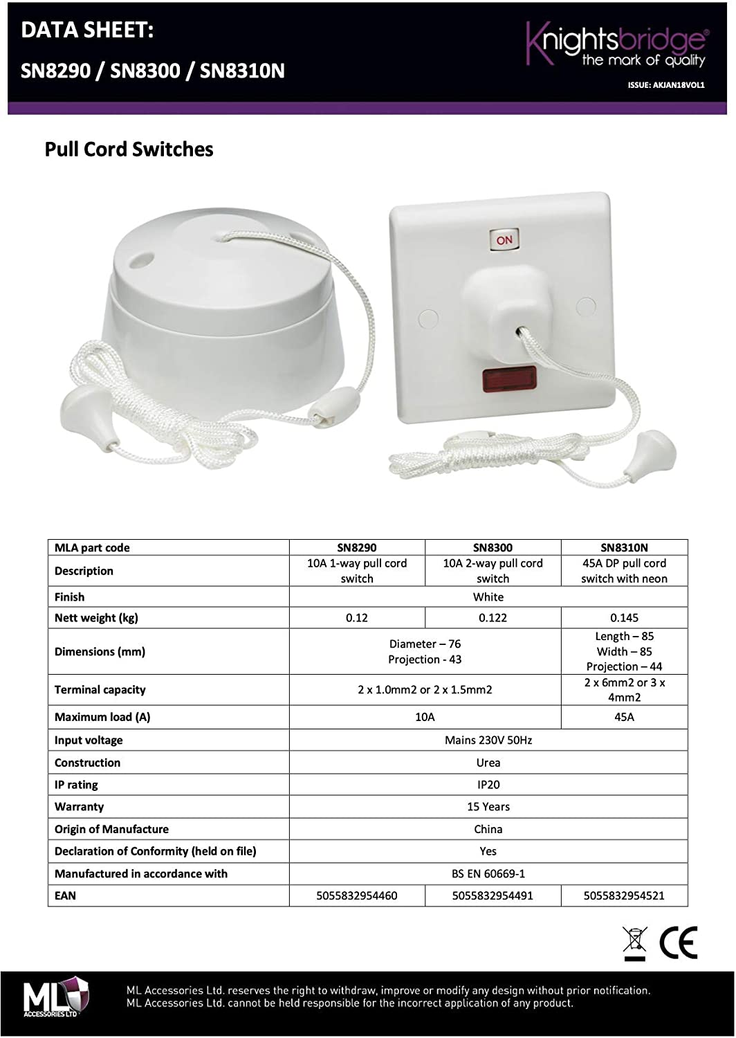 Knightsbridge SN8300 2-Way Pull Cord Switch, 10A, White - 2W, 2 Way 10A - Image 3