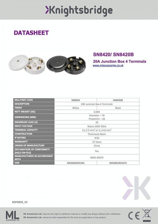 Knightsbridge SN8420 20A Junction Box 4-Terminals White - Image 3
