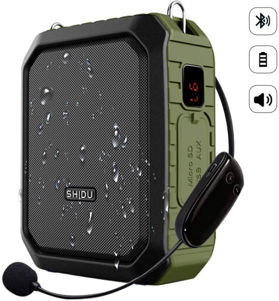 SHIDU Wireless Voice Amplifier Bluetooth Speaker 18W Waterproof Portable PA System with UHF Wireless Mic Headset Rechargeable Voice Enhancer Personal Microphone for Classroom Outdoors Tour Guide