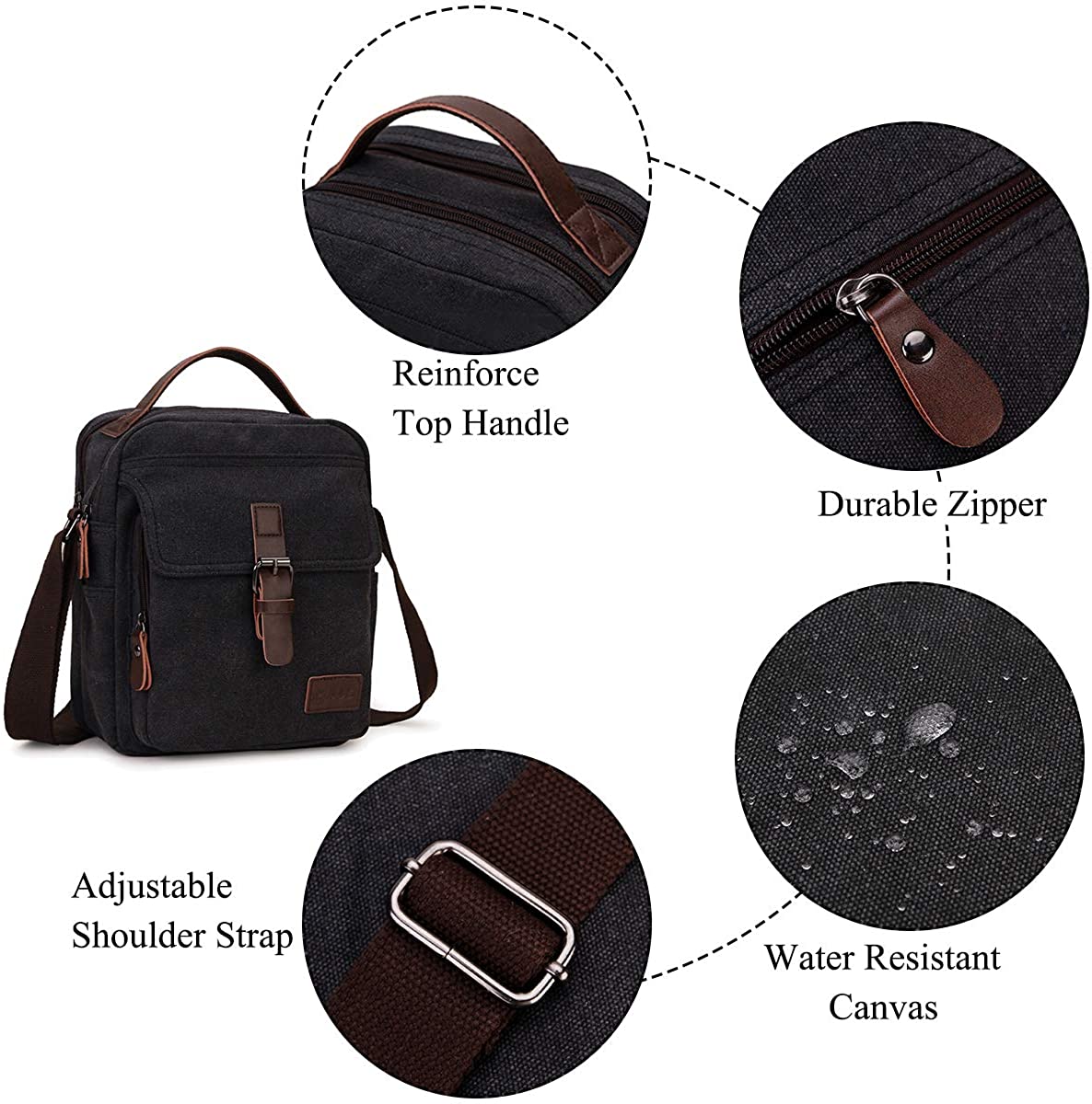 Small Messenger Bag Mens,RAVUO Canvas Shoulder Bags Travel Bag Man Purse Crossbody Bags for Work and Business Black - Image 4