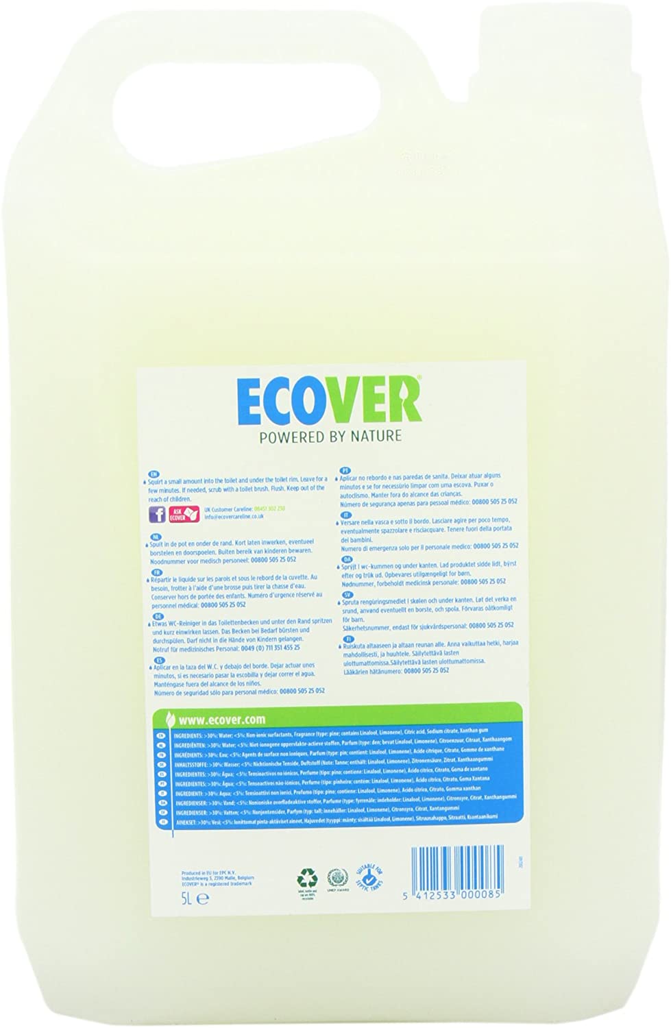 Ecover Toilet Cleaner Refill, Removes Limescale Leaving a Sparkling Clean, Fresh Pine & Mint Scent, 1 x 5L - Image 3