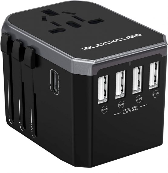 iBlockCube® Universal Travel AC Power Plug Adapter with International Socket & 4 USB 5.6A + 1 Type-C 3.0A Smart Ports Work for US EU AU UK up to 150+ Countries Worldwide Type A G I (silver)