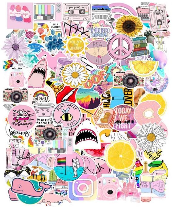 Cute VSCO Stickers for Water Bottles, 103 Pack Waterproof Aesthetic Trendy Stickers for Teens,Girls,Kids, Laptop Stickers for Phone,Luggage, Skateboard (103pcs-Y+P)