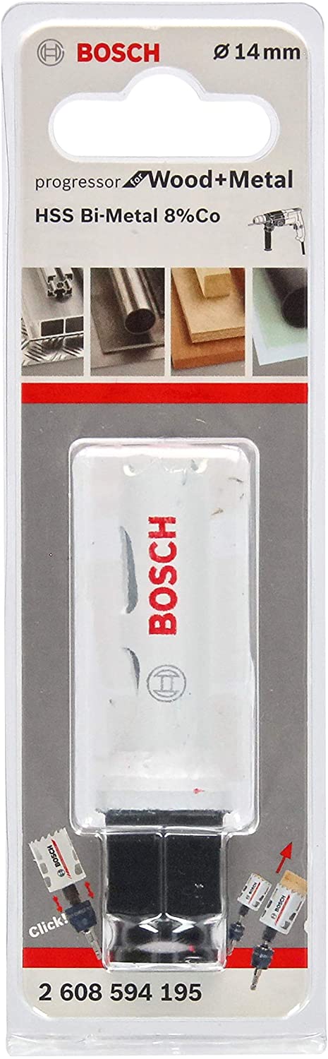 BOSCH Bi-Metal Hole Saw (for Wood and Metals 8% Cobalt Alloy, Progressive Tooth Design, diameter 14 mm, Accessory Drills)