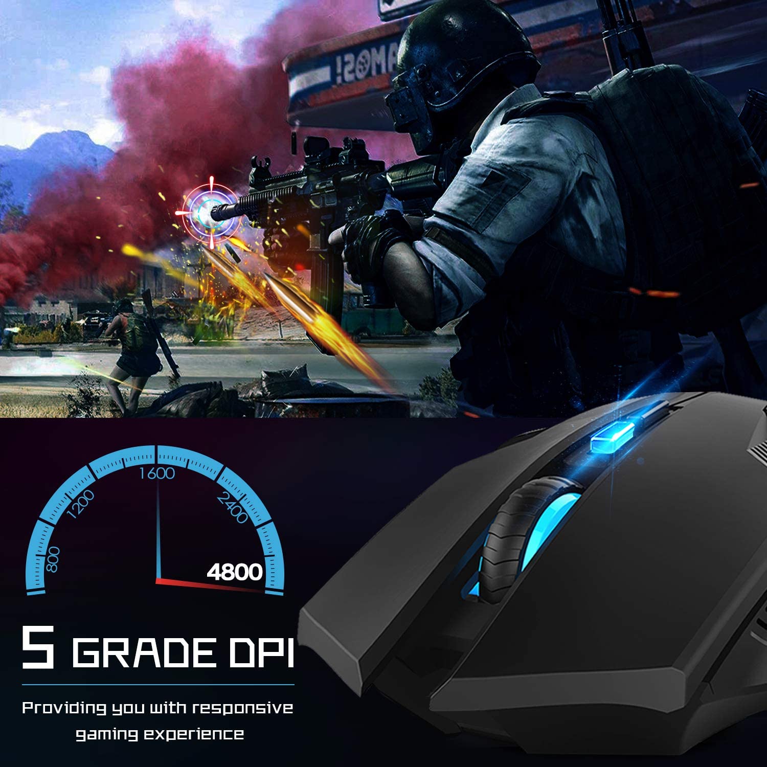 TECKNET Wireless Gaming Mouse 2.4G Optical USB Computer Mice, 8 Buttons, 4800DPI Nano Receiver for Win11, Win10, Win8, Win7 - Image 2