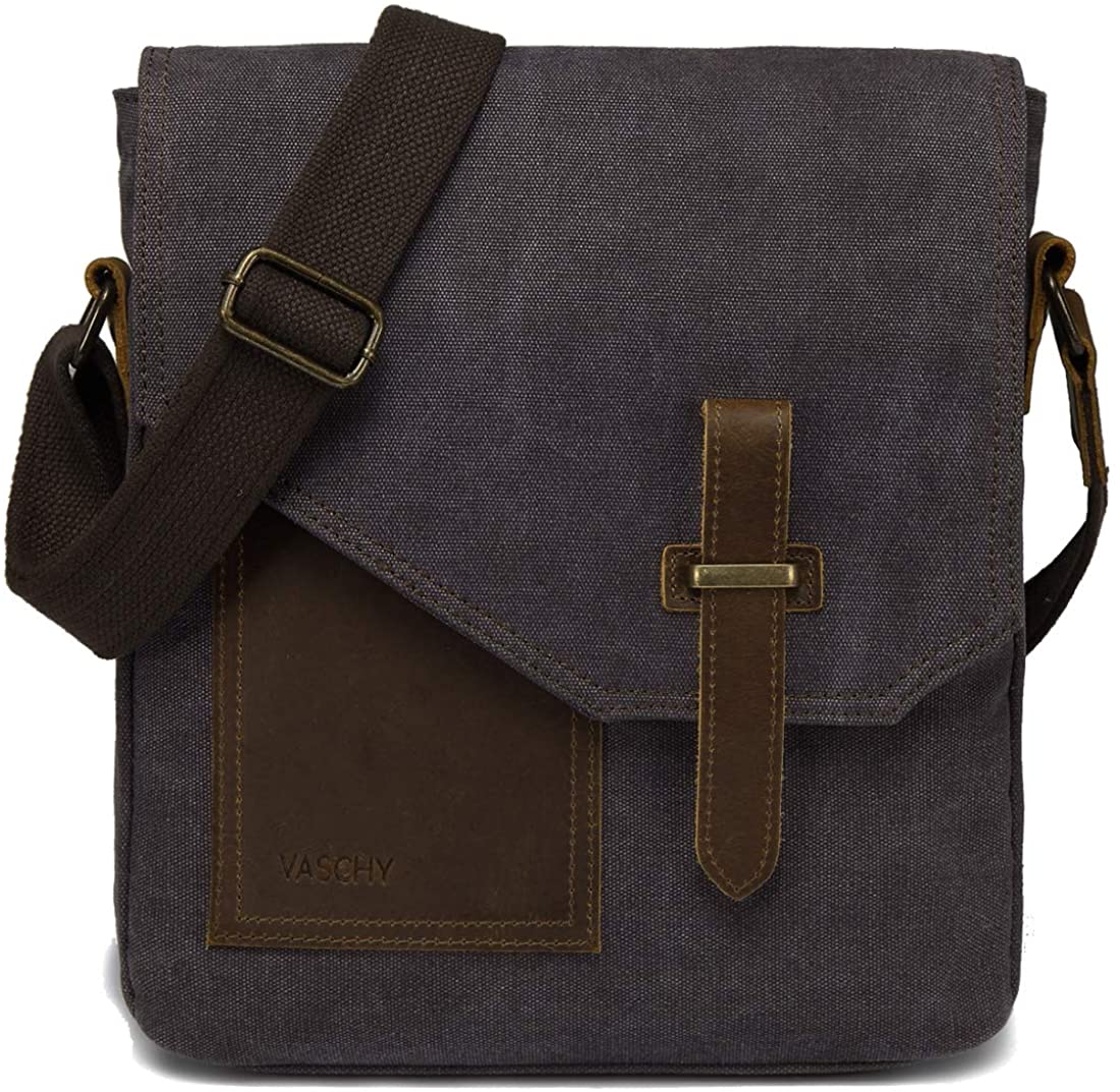 Man Bag, VASCHY Water Resistant Small Messenger Bag Shoulder Bag Vintage Canvas Leather Cross Body Bag with Multi-PocketsSGrey
