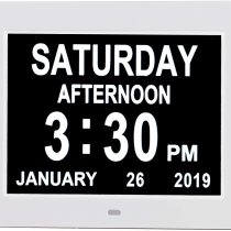 8 Inch Digital Day Calendar Clock- 8 Alarm Reminders Extra Large Non-Abbreviated Day & Month Memory Loss Dementia Vision Impaired Clocks for Seniors Elderly (8" White)