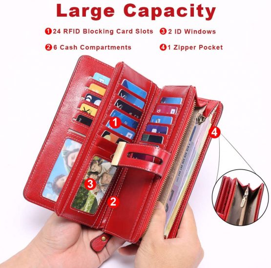 LUROON Ladies Purse RFID Blocking Women Purses Large Capacity Ladies Leather Wallets with 24 Credit Card Slots, Ladies Clutch Long Wallet with Zipper Pocket & Wrist Strap (Red 02) - Image 3