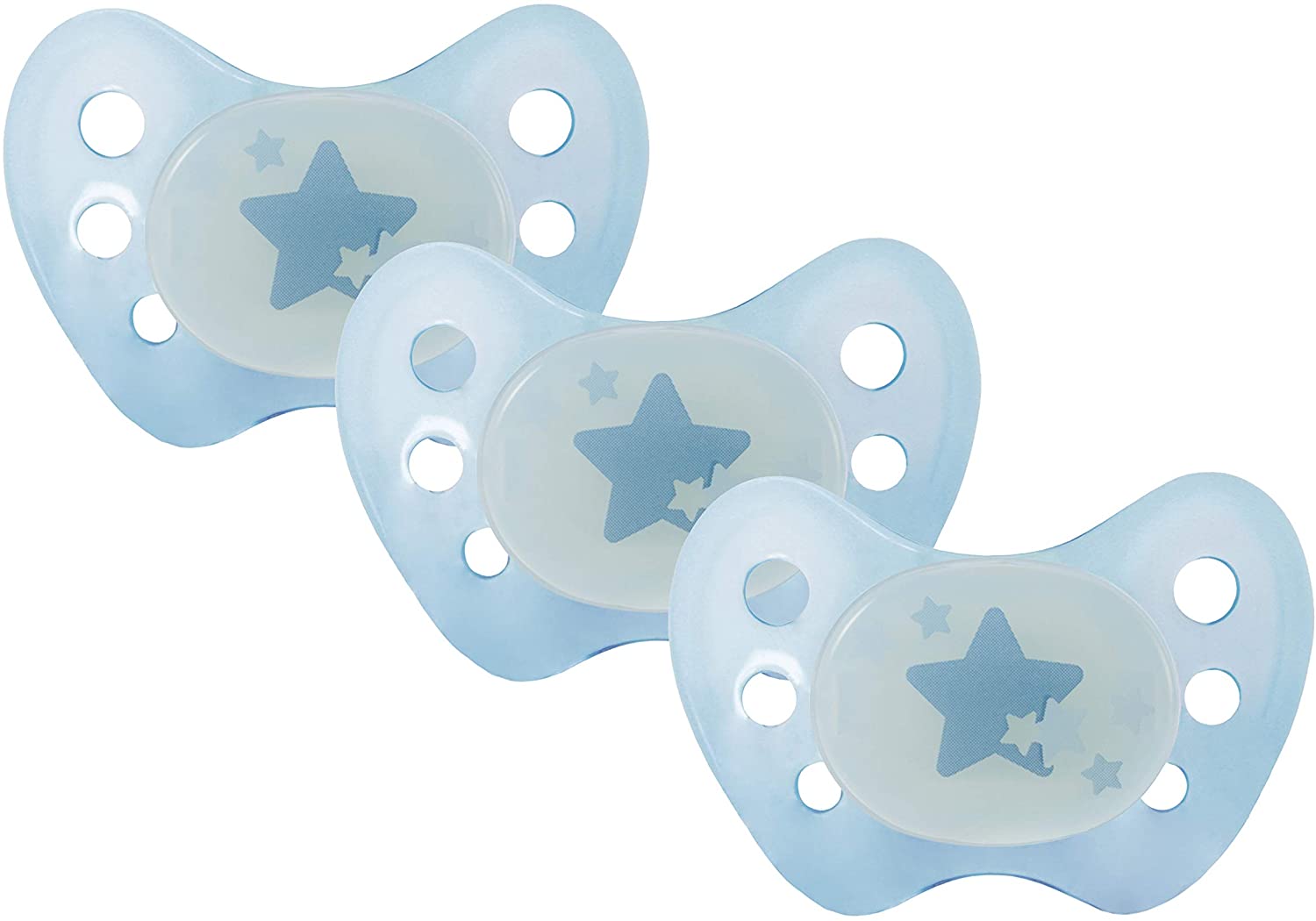 dentistar Night Silicone Soother Set of 3, Size 1, 0-6 Months, Silicone Soother with Dental Step, Glow in The Dark Baby Dummy