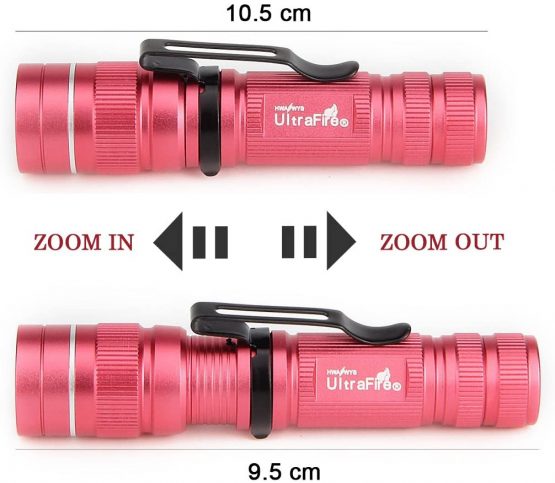 ULTRAFIRE Mini Pocket Torch Zoomable LED Flashlight 3 Modes 300 Lumen Bright Small Flashlight Adjustable Focus, Waterproof Tactical Torch J3 for Kids Children (Pink) - Image 3