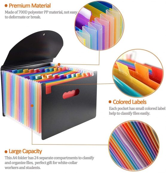 File Organisers, Supmaker 24 Pockets Expanding File Folder, A4 Size Accordion Folder Expandable File Organiser with Lid, Rainbow Document Organiser for Filing Folders and Storage Files - Image 2