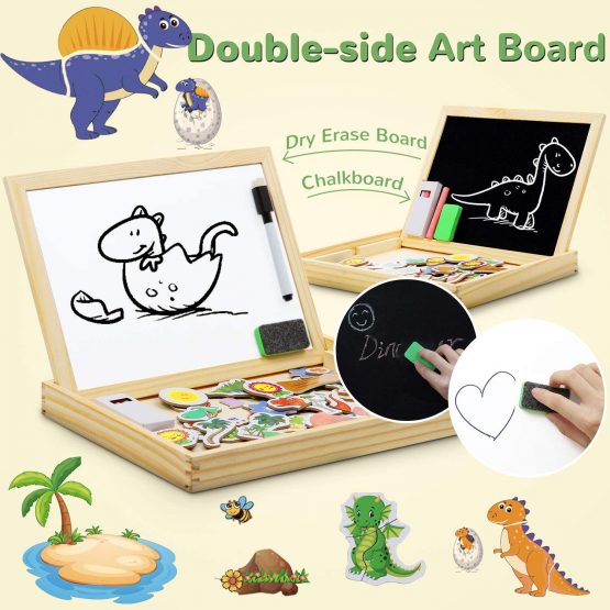COOLJOY Wooden Magnetic Board Puzzle Games, 118 PCS Double Sided Jigsaw Dinosaur Pattern Drawing Easel Blackboard Educational Wood Toys for Boys Girls Kids Toddler 3 4 5 Year Olds - Image 3