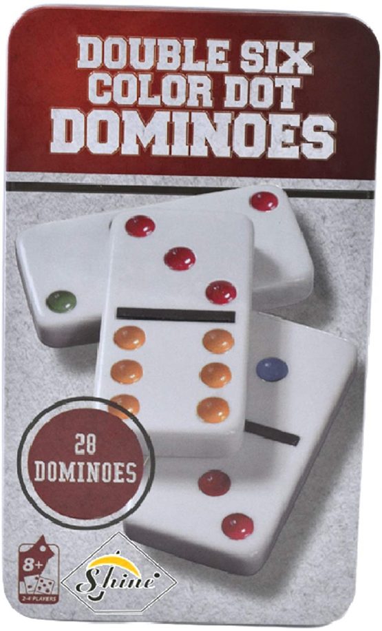 SHINE Double SIX 6 PLASTIC Colour Dot Dominoes In A Tin