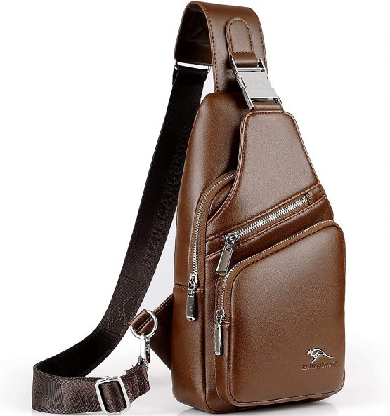 QXuan Men's Sling Bag Vintage Genuine Leather Backpack Purse Anti-theft with USB Charging Port and Headphone Hole,Small Chest Shoulder Bags Daypack for Outdoor Casual Sport Travel