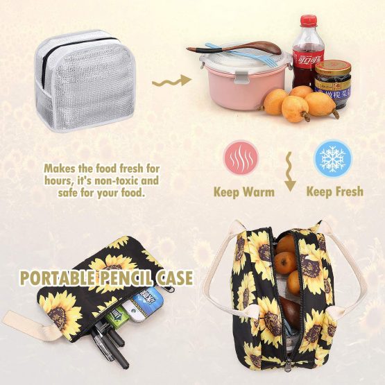 Sunflower Backpack Set 3-in-1 Kids School Bag, Junlion Laptop Backpack Lunch Bag Pencil Case Gift for Teen Girls Womens Black - Image 3