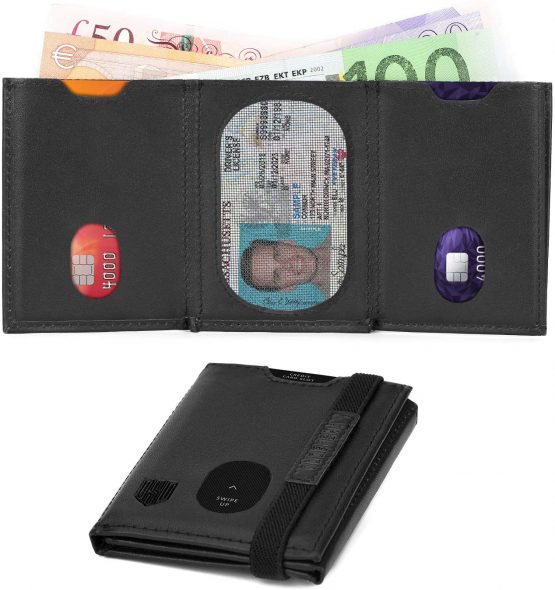 DODENSHA Wallet Mens Slim Wallets Men Leather Card Holder Wallet RFID Blocking Trifold Wallets for Men with Zip Coin Pocket, 2 Banknote Compartment, 7 Card Slots, ID Window, Elastic Strap (Black） - Image 2
