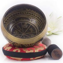 Tibetan Singing Bowl Set — Easy to Play with New Dual-End Striker & Cushion ~ Creates Beautiful Sound for Holistic Healing, Meditation & Relaxation ~Gratitude Pattern~ Antique Light Brown Bowl with Red Pillow