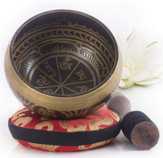 Tibetan Singing Bowl Set — Easy to Play with New Dual-End Striker & Cushion ~ Creates Beautiful Sound for Holistic Healing, Meditation & Relaxation ~Gratitude Pattern~ Antique Light Brown Bowl with Red Pillow