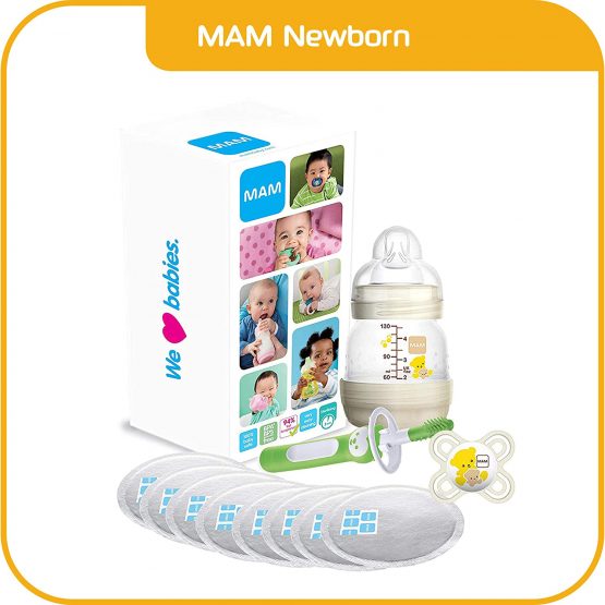 MAM Newborn Baby Box, Full of Newborn Baby Gifts & Hospital Bag Essentials, Including MAM Baby Bottle, Baby Soother, Teething Massaging Brush and Breast Pads - Image 2