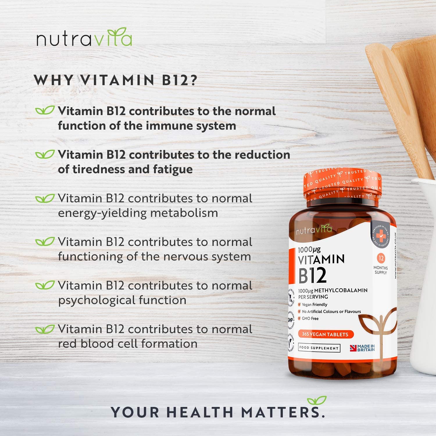 Nutravita Vitamin B12 1000mcg, 365 High Strength Vegan Tablets (1 Year Supply), Max Strength B12 Supplement - Image 2