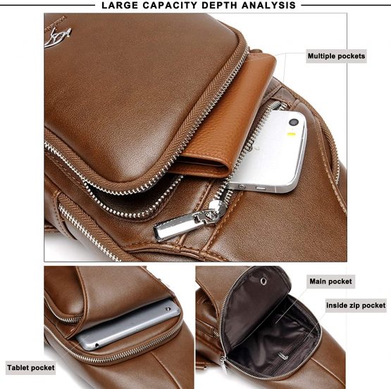 QXuan Men's Sling Bag Vintage Genuine Leather Backpack Purse Anti-theft with USB Charging Port and Headphone Hole,Small Chest Shoulder Bags Daypack for Outdoor Casual Sport Travel - Image 2