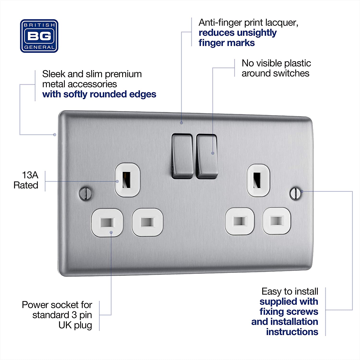 BG Electrical Double Switched Power Plug Wall Socket, Nexus Metal, Brushed Steel, White Inserts, 13A, NBS22W - Image 3