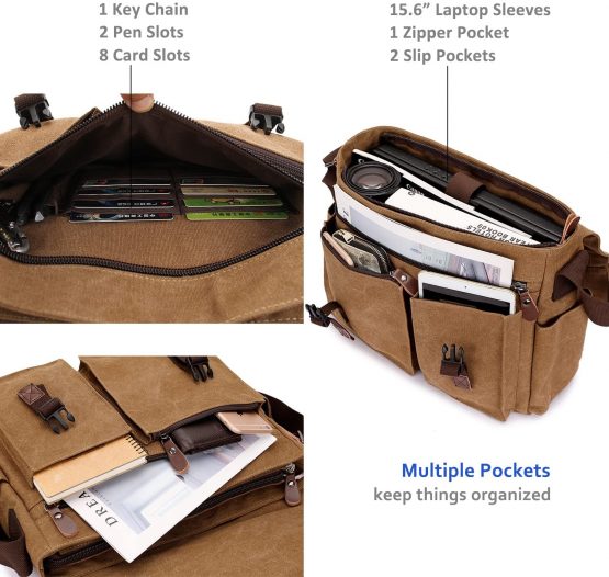 Messenger Bag for Men,Water Resistant Unisex Canvas Shoulder Bag Fits for 14 Inch Laptop Vintage Cross Body Satchel Bag for Work and School - Image 4