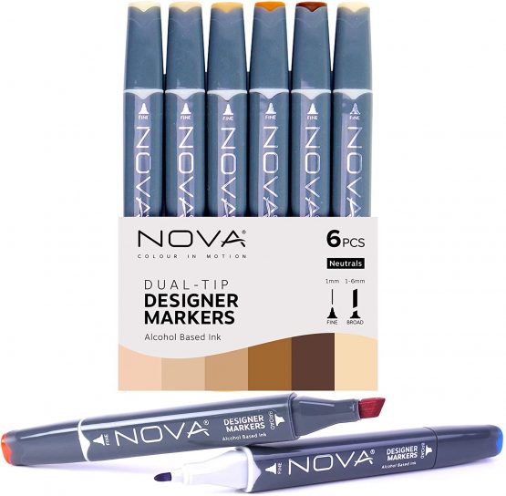 Nova Sketch Markers – Neutrals – 6 Pens – Japanese Nibs, Dual Ended