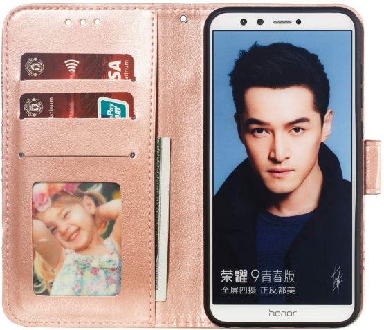 HMTECH For Huawei P Smart Case,Huawei Honor 9 Lite Cover,Embossed Mandala PU Leather Flip Notebook Wallet Magnetic Stand Card Slot Folio Bumper Case for Huawei P Smart,LD Mandala Rose Gold - Image 3