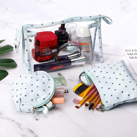 Cosmetic Bags Set Clear Toiletry Makeup Pouch for Travel, 3PCS Waterproof Transparent Plastic Beauty Organizer Case with Zipper for Vacation, Small Wallet Purse Gift for Women, Blue - Image 2