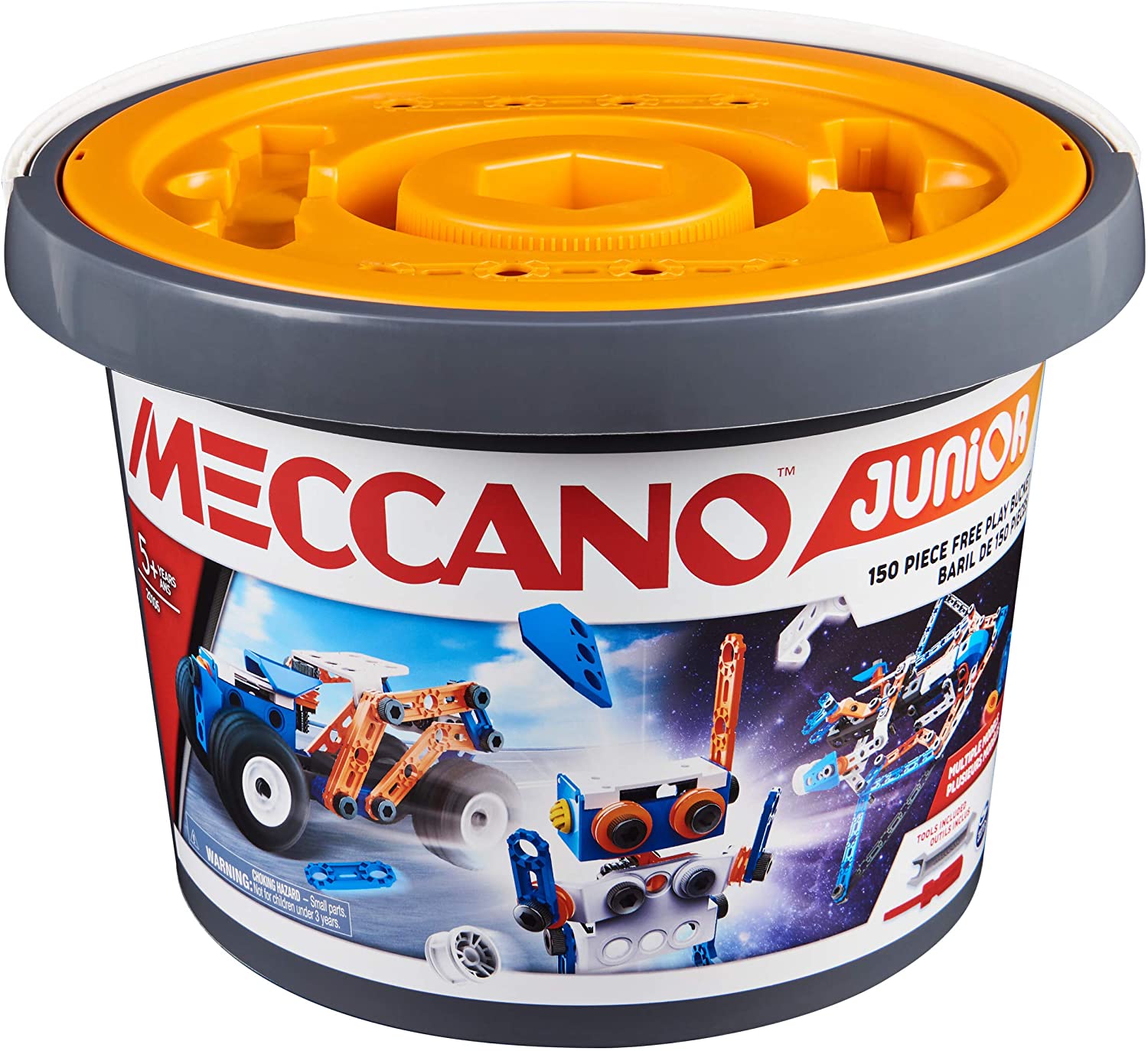 MECCANO Junior, 150-Piece Bucket STEAM Model Building Kit for Open-Ended Play, for Kids Aged 5 and Up, Grey, Small to Medium
